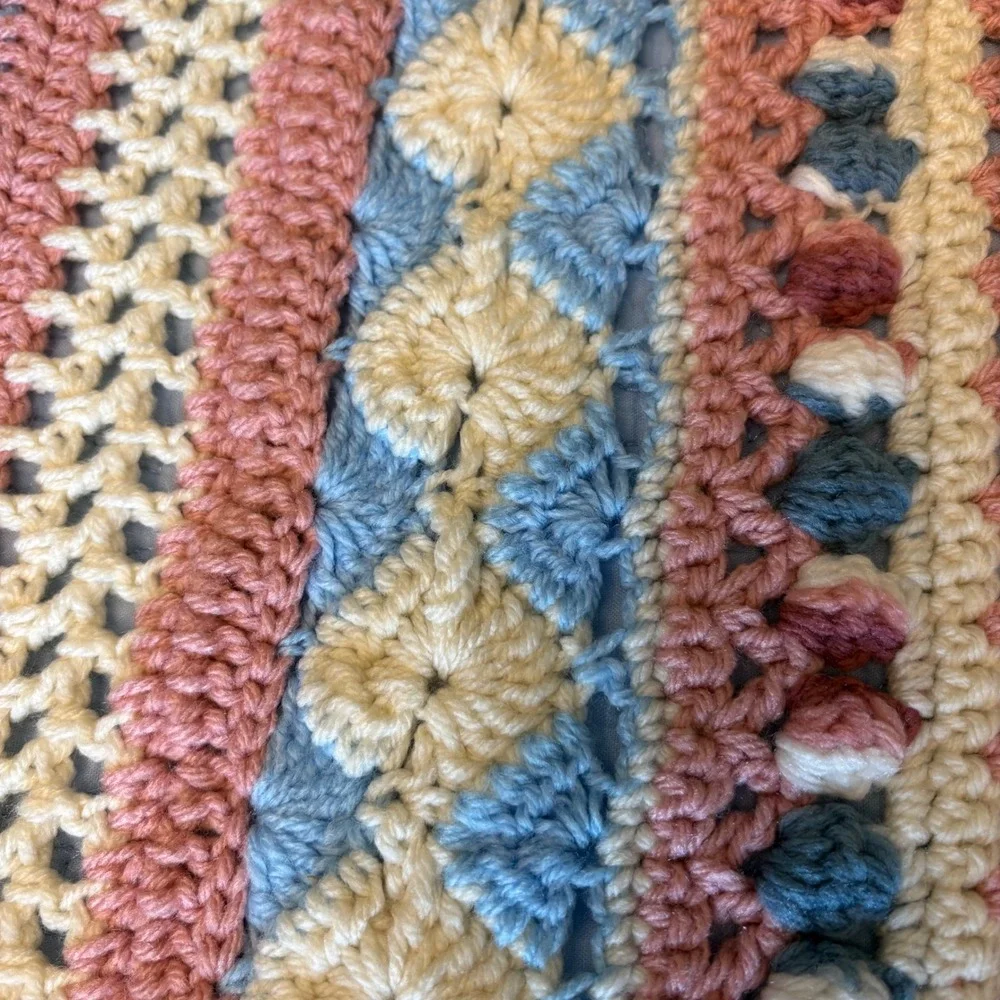 Handmade Crochet Sampler Afghan Throw Blanket Blue Pink Cream Ruffle Trim 47x47